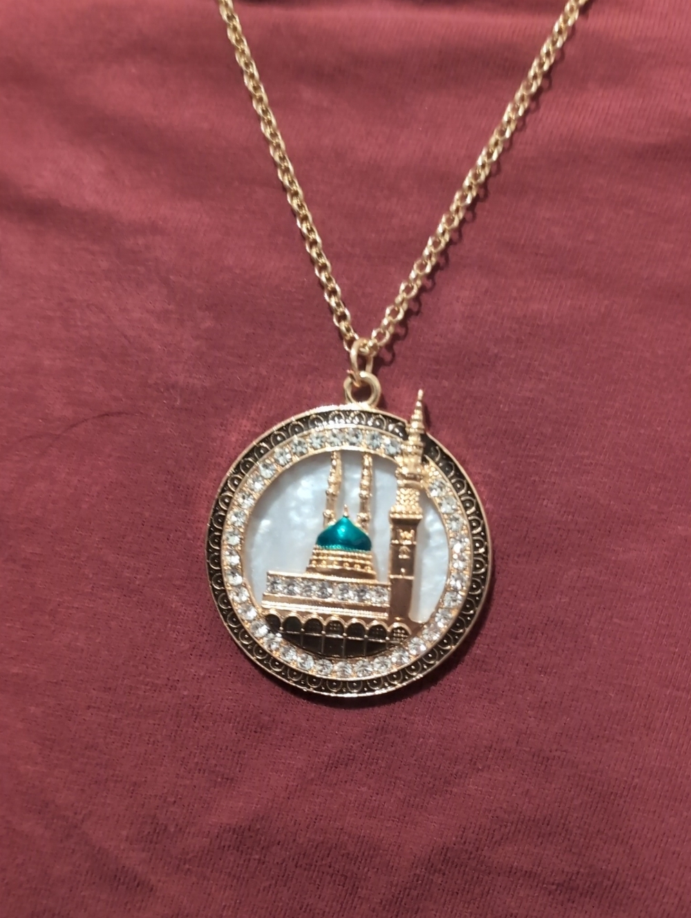 Gold-Tone Mosque Pendant Necklace with Teal Dome